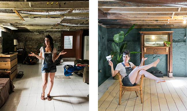 Jessica Brigham with basement before and after